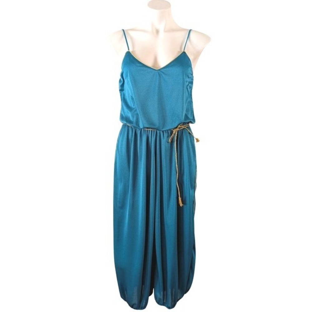 Vintage‎ 80s Visionz California Teal V Neck Wide Leg Belted Jumpsuit Size M